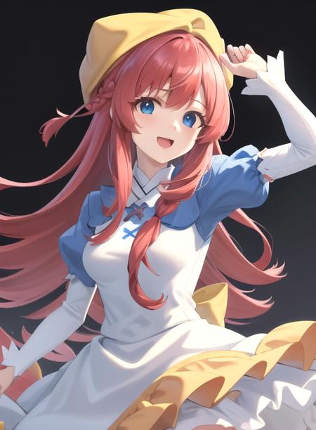 best quality, (masterpiece),(ultra-detailed), (high quality), (high resolution),   <lora:francoise-10:0.7>,francoise, 1girl, solo, long hair, looking at viewer, smile, open mouth, blue eyes, simple background, long sleeves, hat, white background, dress, red hair, multicolored hair, puffy sleeves, looking back, streaked hair, blue dress, transparent background, juliet sleeves, yellow headwear