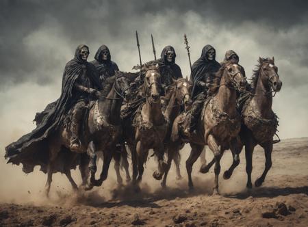 the four horsemen of apocalypse,(long cape:1.7),(tattered garments:1.5),(wind:1.5),death,skulls,riding an emaciated horse,decay,(rotting:1.5),