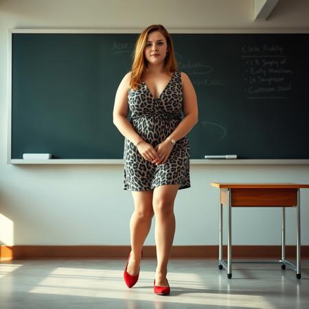 female gender,NVIDA, RED ROUND TOE FLATS,,,,,undefined,,,rotund body, big bust,A camera shot capturing the serene atmosphere of early morning, often emphasizing soft light and tranquility. This angle evokes a sense of awakening and freshness.,,,,,,,,,,,,,  age 30 years old, ,,,,  ,,,, A camera shot that captures the entire height of the subject from Head to Feet. This comprehensive view is used to showcase the subject's full appearance, body and attire., ,, ,, ,, in a classroom, chalkboard and desk in background,, ,, ,, ,, ,, ,, wearing a sexy animal print dress, ,, lesbian BDSM, submissive slave,  tied up, bound, leather straps, handcuffs, hands tied, feet tied, rope, hog-tied, ,, ,,,, ,,  ,,teacher,,,,,,,,,,,wearing a very skimpy Top,,