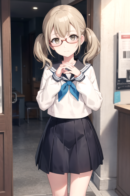 <lora:AzusawaKohane-06:0.5>, kohane, 1girl, solo, long hair, looking at viewer, skirt, shirt, long sleeves, hair between eyes, twintails, brown eyes, closed mouth, school uniform, standing, yellow eyes, pleated skirt, glasses, serafuku, socks, sailor collar, neckerchief, hands up, feet out of frame, low twintails, light brown hair, own hands together, grey shirt, grey skirt, white sailor collar, round eyewear, hands on own chest