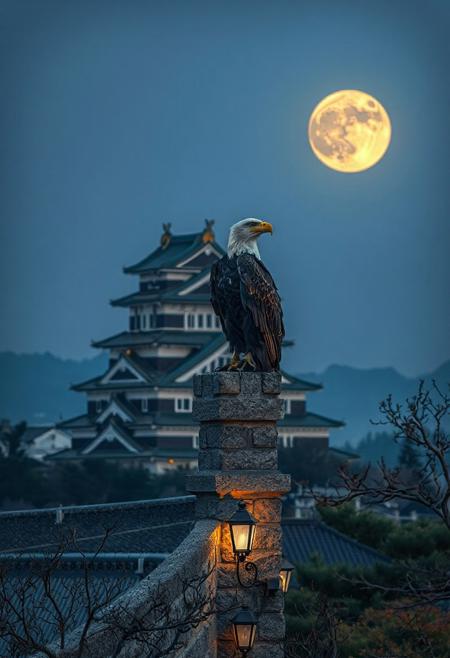 (Soft Lighting Photography by Mimoza Veliu and Mario Giacomelli:1.2), NSFW,  an eagle sitting high on a Japanese castle wall.  The background is of a Japanese castle, full moon, laterns, japanese garden.