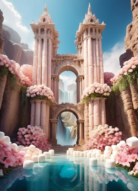 Abstract style Marshmallow, scenery, pink flower, water, waterfall, outdoors, day, blue sky, cloud, arch, mountain, pillar, tree, fantasy, building, detailed, color, light, clear, focus, dramatic, professional, cinematic, elegant, intricate, highly detail, very beautiful, stunning, symmetry, enhanced, rich, artistic, pure, surreal, superior
 <lora:MarshmallowXL:1>, , <lora:FILM_PHOTOGRAPHY_STYLE:0.25> . Non-representational, colors and shapes, expression of feelings, imaginative, highly detailed