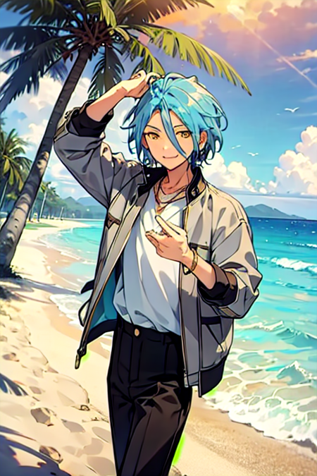 <lora:HiMERU-03:0.7> , himeru, solo, looking at viewer, smile, shirt, 1boy, holding, hair between eyes, jewelry, blue hair, jacket, yellow eyes, white shirt, male focus, earrings, outdoors, pants, cloud, water, necklace, bracelet, tree, aqua hair, ocean, beach, black pants, ring, sunset, grey jacket, sand, palm tree