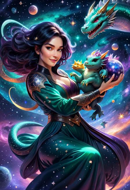 A woman floating in space surrounded by stars holding onto her pet dragon