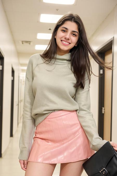 2000s colorful photo of a mid-height 20yo woman, dglattev2_TI:0.8,  <lora:l_grm_ge_sd_64_32:1> ((grimacing expression)) on face, college student holding bag, wearing tight sweater, short leather skirt, legs spread slightly, hand reaching towards viewer,  sexy, naughty, in college hallway, cold fluorescent lighting