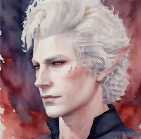 vampire, hansom man, white curly hairs, astationxl, <lora:astationxl:0.95>, (water color art:1.5), painting