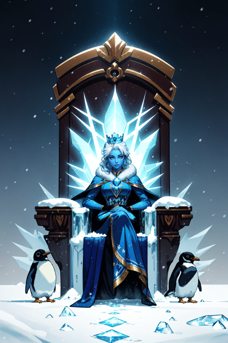 crown, royal crown, regal , frozen throne, throne, ice, winter scene, iced over throne, 1girl, female focus, colored skin, blue skin, large breasts, sitting,  long hair,  frozen setting, solo, blue theme, cape,  white hair,  bird, penguins sitting by the throne, empire penguin, arctic setting, extreme light and shadow, rim lighting, arctic theme, simon petrikov, ultra detailed, 2k cg detailed wallpaper, masterpiece, best quality, official art,Earth-QualityPos