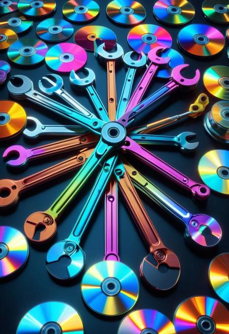 CD Repeat, Masterpiece, best quality, amazing quality, absurd, latest, volumetric lighting, UHD, SFW, vibrant colors, neon, vivid colors, wrench made of cd's, toolshop filled with CD tools , exquisite detail, digital art, realistic, highly detail, beautiful, surreal, dramatic, No_Humans,