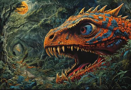 style of Mati Klarwein, EnhanceImage, highly detailed, ultra detailed, high quality, sharp image, bright orange gray blue forest background, rich shadows and bright highlights, close up view, elaborate illustration long segmented serpent monster, (mouth open snarling teeth), horror, light shining through, transparent fins and spikes