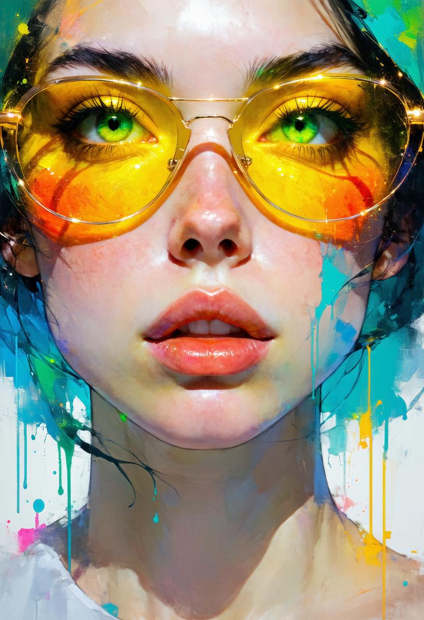 portrait of a gorgeous  girl, alienesque beauty, 
(art by Martine Johanna:1.5) , vivid, illustrative, painting, crazy details, iridescent, masterpiece, highest quality, hdr, extreme quality, cg, negative space, detailed face and eyes, fractal art, bright colors, splashes of color background, colors mashing, paint splatter, grunge , red gilded royal blue peach colors, iridescent colors, fine art,  upper body, (green and yellow:1.2), pinup style by Gil Elvgren, style of Artgerm | Julie Bell | Beeple, fantasy concept art portrait, vivid colors , boosted contrast, contrast details, post-processing contrast
