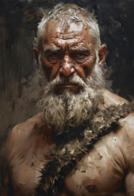 Full shot, front view, masterful painting in the style of Anders Zorn | Marco Mazzoni | Yuri Ivanovich Pimenov, oil on canvas, full shot of an ancient barbarian warrior, old male mature, from the Ancient Cimmeria, relaxed expression, dirt skin texture, black grunge clothes