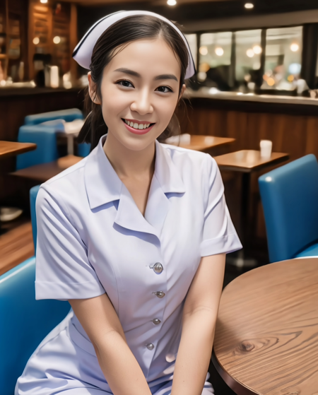 (photorealistic:1.2),(medium shot:1),nurse sit in coffee shop, (smile:1), (rim light),
, <lora:Thai nurse:0.7>