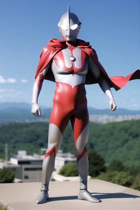 Best quality, masterpiece,
1boy, <lora:Ultraman:0.7>, Ultraman, bald, bodysuit, boots, gem, giant, gloves, helmet, pilot_suit, plugsuit, red cape, realistic, solo,
a giant in city, blue sky background, full body,