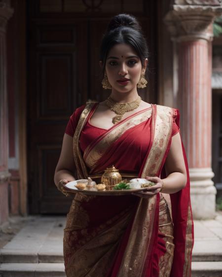 Bengali Style White and Red Saree Holding Ritual Plate