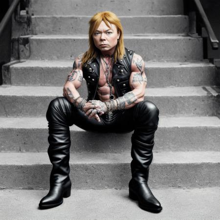 an award winning photo of gavidp, a man with red hair in leather pants and cowboy boots and a tanktop sitting on some steps with his leg up and his hand on his hip