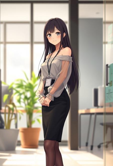 Anime-style shy and beautiful young female secretary standing in a modern office during the day. She has long, smooth black hair and gentle eyes, looking slightly down with a shy smile. She wears an elegant off-shoulder summer transparent thin blouse without straps, with long flowing sleeves, slightly sheer and soft, tucked into a fitted black pencil transparent mini skirt that ends just above the knees. She also wears thin, transparent black stockings and modest black heels. A small ID badge hangs subtly at her waist, adding to her reserved posture. Her cheeks are slightly flushed, giving a blushing expression as she stands near the office entrance, uncertain where to go. Background includes bright natural lighting, indoor plants, office desks, and soft shadows. The overall tone is warm and welcoming, with a soft-focus anime style and subtle bokeh effect in the background. Full-body composition, delicate lighting, cinematic mood.