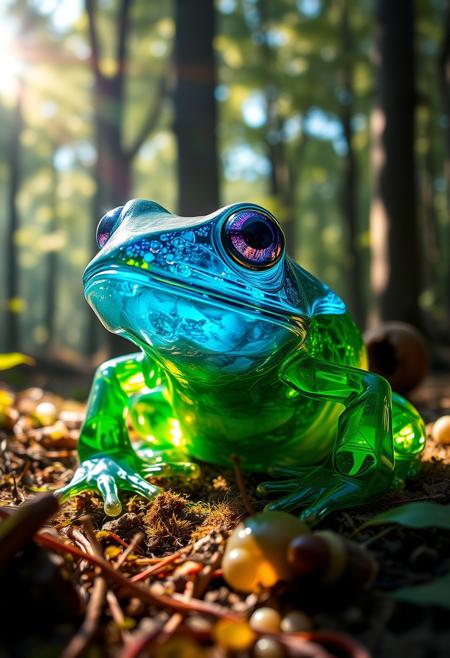 In a surreal forest clearing, imagine a radiant crystal frog. Its transparent blue head sparkles in the dappled sunlight, revealing deep purple eyes that gleam with an otherworldly intelligence. The intricately detailed green crystal body refracts light, creating a captivating play of colors. Nature and fantasy converge in this enchanting image