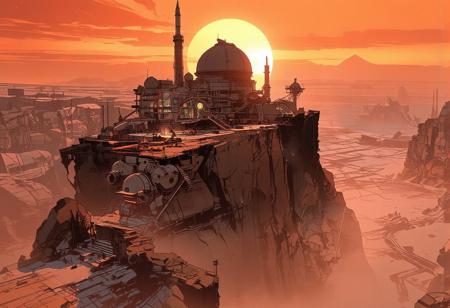 Aerial view, looking down upon Mars' Great Scar—an immense canyon. A scientific research station, almost a futuristic city, stands on its edge. Large boulders and small rocky spurs are scattered throughout the terrain. The city is perched atop a massive rocky outcrop, overlooking the vast canyon, a barren desert valley. Its architecture is sleek and harmonious, made of glass and steel. A grand building with a colossal astronomical observatory dome towers over the other structures.
Multiple platforms host residential and research facilities, with scattered lights, intricate staircases, and antennas spread throughout. The city is surrounded by a vast expanse of frozen rock. At the base of the outcrop, a dozen smaller research domes, pipelines, conduits, and massive extraction machines fill the foreground, where activity is bustling across the plain. In the distance, a glacier stretches across the frozen expanse, not far from a spaceport.
The sky is intensely illuminated as the sun sets, casting an orange glow over the icy blue city. The air is frigid, with ice crystals drifting in the wind, lifting snow and dust just above the ground.