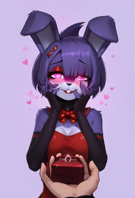 Expressiveh, score_9, score_8_up, score_7_up, score_6_up, score_5_up, score_4_up, godrays, focus face, 1girl, anthro furry,  heart-shaped pupils, BonfieFazclaire, purple fur, dark fur, short hair, bangs, hair ornament, bow, animal ears, purple nipples, bowtie, pink eyes, rabbit ears, hair over one eye, red bow, :3, red bowtie, furry, rabbit girl,, gloves, red dress, bare shoulders, black gloves, elbow gloves, fingerless gloves, bowtie, red bow, furry female,,  furry female,bright pupils,colored skin, cute, cutest girl in the world, adorable, animal ears, shiny skin, <lora:yandere-trance-ponyxl-lora-nochekaiser:1>, yandere trance, yandere, hands on own cheeks, hands on own face, beautiful eyes, seductive smile, (((in love))), heart-shaped pupils, glowing eyes, symbol-shaped pupils, hand on own face, glowing, blush, looking at viewer, simple background, sunny weather, perfect hands, five fingers per hand,<lora:ring-box-ponyxl-lora-nochekaiser:1>, ring box, ornate ring, marriage proposal, holding ring, holding box, pov, pov hand, (((human hand, pale-skinned hand)))