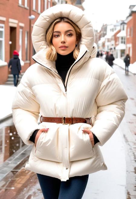 (white Oversized sherpa down coat, white Oversized sherpa puffer coat, white Oversized sherpa winter clothes, very very cold, in cold:1.5), semi-realistic, (full body shot:1.5), (puffer hood:1.5), (boots:1.5), (tight pants:1.5), (belt:1.5), sharp eyelid, eyeliner, eyelashes, beautiful detailed eyes, tsurime, short hair, blonde hair, wet hair, (wet:1.5), blue eyes, messy hair, sidelocks, perfect anatomy, (walking:1.5), (town:1.5), (street, daytime, snow, winter, cold winter, snowing:1.5), detailed background, highres, best quality, olive skin, android 18, mother, milf, solo, perfect eyes, perfect face, masterpiece, best quality, finely detailed beautiful eyes and detailed face, ultra-detailed, anextremely delicate and beautiful, intricate details, lovely lips, delicate facial features, blush, 8k_resolution, smile, hair tucking,