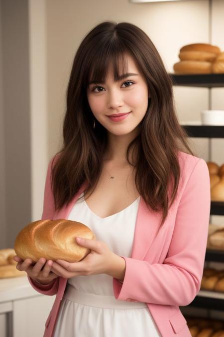 photo realistic, masterpiece, best quality, studio lighting, solo, jmc <lora:jennettemccurdyV01:1>, <lora:polyhedron_skinny_all:.3>, pink suit, holding a ((bread,puff)) (Urn) with ((two hands)) , light smiling ,  blonde highlights with bangs , bakery background,(looking at viewer, realistic eye and face details),film grain:1.5, Kodak Max 400 Film), (nsfw:1.2)