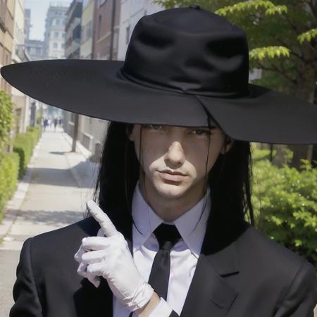 (masterpiece, best quality:1.2), 1boy, tall, holding hat, slender, black tie, suit, black overcoat, long overcoat, closed overcoat, black hat, large hat, pale skin, ((long hair:1.2)), black hair, white gloves, purple eyes, closeup shot, looking at viewer, blue sky, temple, forest  <lora:KuroudoAkabaneOverbaked:0.65>