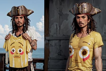 High Quality, Masterpiece, incrsemojishirt, multiple views, yellow shirt, <lora:FlushedEmojiShirt:1>, jack sparrow, brown eyes, hat, brown hair, earrings, hat, pirate, jewelry, shirt, short hair,  <lora:Char_Sigmas_JackSparrow:1>, 1boy, muscular,