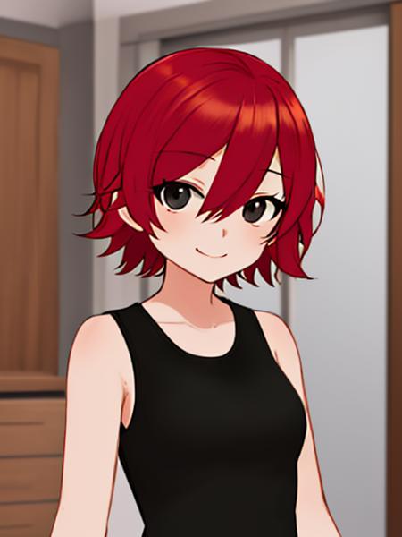 <lora:SakuraVRC:0.6> SakuraVRC, 1girl, solo, short hair, red hair, black eyes, hair between eyes, <lora:scottpilgrimvstheworld_v5:1> scottpilgrimvstheworld, black eyes, upper body, smile, closed mouth, looking at viewer, tank top, bedroom, chibi, (masterpiece, best quality:1.3),