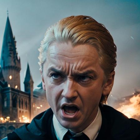 a man is very angry, detailed face with hogwarts in the background, photo, masterpiece, best quality, highly detailed, snarl, mad, furious, yell, <lora:Draco Malfoy v1.0:.85>