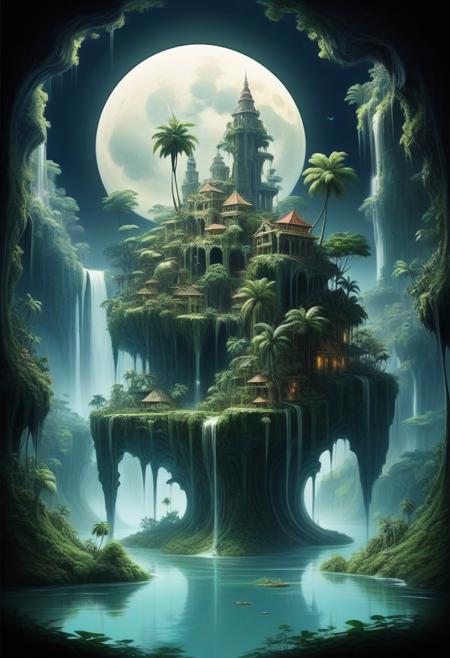 the landscape of floating tropical islands from which waterfalls flow, the distorted subconscious, the moonlight, the beautiful composition
castlesland<lora:castlesland:0.5>