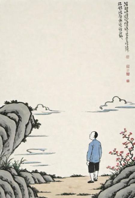 <lora:feng_zikai_style:1> chinese painting of 1man walking in the garden, thinking, look at the sky, t-shirt, shorts, feng zikai style