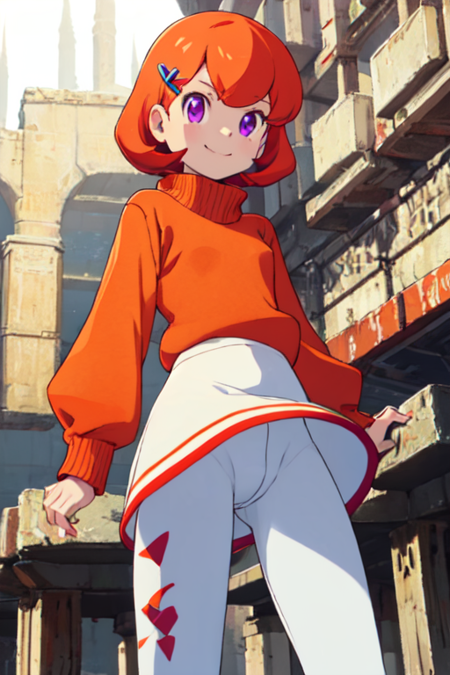 purple eyes short hair orange hair white skirt hairclip white leggings