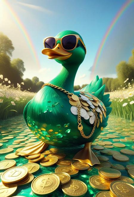 emeraldmorph,cartoon-style scene of a fabulously wealthy duck,  field filled with fluttering dollar bills, wearing a lavish bling-bling gold chain, sunglasses, looking relaxed. Oversized coins, flowers swaying in the breeze. Bright, sunny, with a rainbow arching overhead, adding to the whimsical and extravagant atmosphere of this rich duck's dreamland, lake of golden coins, falls of gold coins instead of water,
[style of greg rutkowski,janek sedlar,jenny saville:0]  <lora:vivid_everclear:0.35>  <lora:Sinozick:0.35>  <lora:MJ52:0.35>