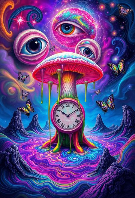 Surr3@l, A mind-bending psychedelic scene with a melting clock wrapped around a rainbow-colored mushroom sprouting from a neon-lit ocean. Giant, spiraling eyes float in the sky, dripping liquid dreams onto a landscape of swirling fractal patterns. A cosmic jellyfish with galaxies in its tentacles hovers above, while fluorescent butterflies with kaleidoscopic wings emerge from a vortex of swirling paint. The entire scene pulses with vivid, shifting colors, and the boundaries between land, sky, and sea blur into a trippy, fluid dance of surreal forms.