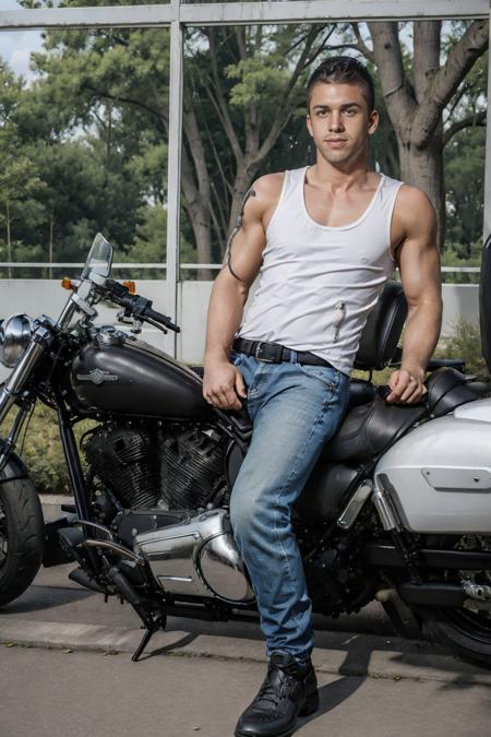 by the roadside, forest in the background, (((facing sideways))), ((sitting on a Harley-Davidson motorcycle)), black motorcycle, muscular DarinSilvers, slight smile, leaning forward, wearing blue jeans, black boots, ((white tank top)), (tight shirt), ((black leather jacket)), (open jacket), leather jacket, black jacket, ((holding handle bars)), masterpiece, (((full body portrait))), ((full body)), wide angle, (looking at viewer), highly detailed, (high skin detail), (high face detail), photorealistic, RAW photo, soft lighting, high quality <lora:DarinSilvers-step00001800:0.75>