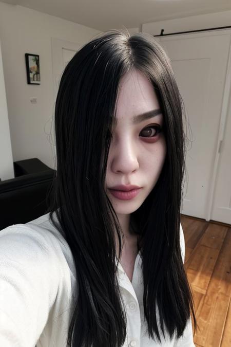 UHD, 4k, RAW Photo, ultra detailed, Sadako, long black hair, (hair over eyes), pale skin, White dress, long sleeves, dirty clothes, indoor, selfie shot, black eyes