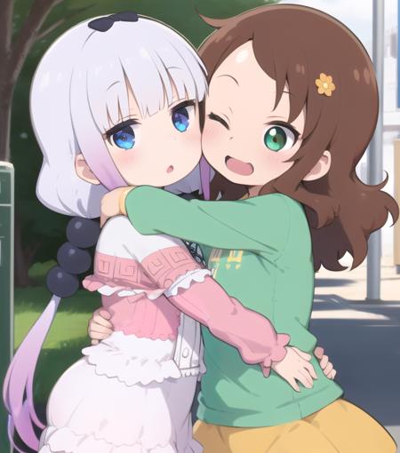 <lora:SaiKanna:1> , 2girls, side-by-side, outdoors, standing, symmetrical docking, hug, face-to-face, 
AND 2girls, imkanna, side-by-side, outdoors, standing, symmetrical docking,  :o, dress, capelet, white thighhighs, low twintails, hug,
AND 2girls, imsaikawa, side-by-side, outdoors, :D, green shirt, skirt, hug, one eye closed,