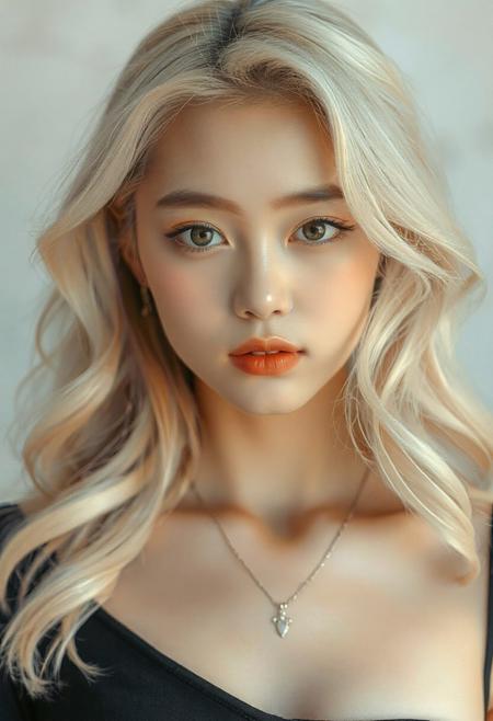 Create a portrait of a beautiful young woman with delicate features, fair porcelain skin, long wavy platinum blonde hair, and expressive almond-shaped eyes. She has a slim and elegant figure, a sweet yet sophisticated aura, and a slightly soft, melancholic gaze. Her style is modern and chic, with subtle K-pop star influences. She is wearing a stylish, simple outfit — like a fitted black top and silver jewelry. The background is softly blurred, highlighting her ethereal presence.