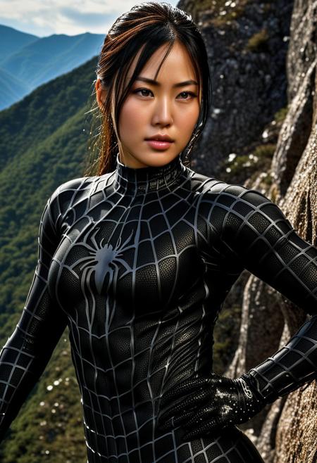 score_9, score_8_up, score_7_up, best quality, realistic, masterpiece, beautiful detail, hyperrealistic, morning, ((1girl, woman body, big breasts)), amazing detailed full body portrait of a beautiful japanese girl, wearing a realistic and highly detailed black raimi spider-man suit, ((huge muscular girl)), professional model wears ultra - detailed black raimi spider - man suit, ultra - detailed and grained black raimi spiderman suit, suit covered entire body and hand, black spiderman gloves, wet, (climbing a mountain), (full body), (dirty skin), close up, octane render, highly detailed, volumetric, dramatic lighting, (highest quality:1.1), (HDR:1.3), (top quality, best quality), realistic, high definition,