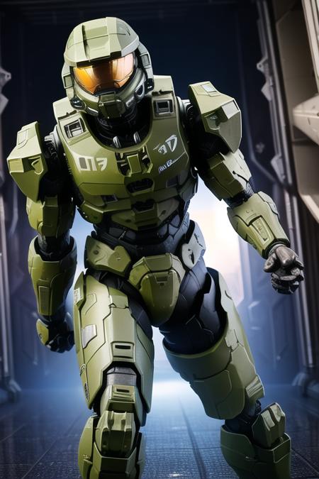 Best quality, masterpiece,
1boy,  <lora:masterchief:0.7>, masterchief, armor, belt, energy_gun, full_armor, helmet, machinery, mecha, no_humans, pilot, pilot_suit, power_armor, robot, solo,
holding weapon, weapon, (in spaceship:1.5), corridor background,