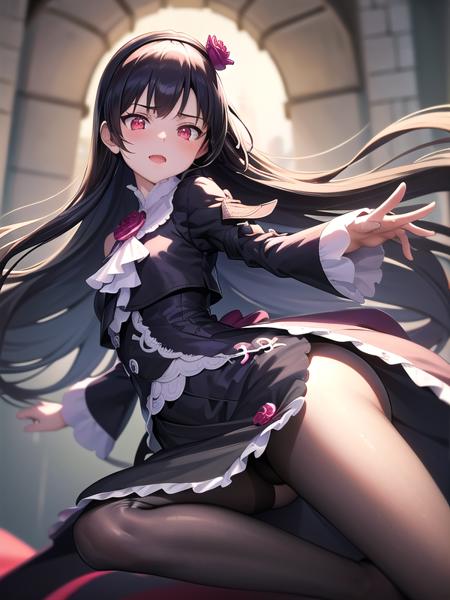 (hyper extreme detailed),(masterpeace),(hyper extreme),(photorealistic),CG,(colour:1.2), beautiful lighting,light from the front,official art, 1girl, sunny day,outdoor for park,looking at viewer,view straight on, <lora:kuroneko:1>,kuroneko,black hair, long hair, straight hair,red eyes, black dress , black pantyhose, pumps,flower hair band