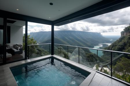 black modern villa into the montain, on the edge of a cliff surrounded by waterfalls, cloudy weather, intricated architecture, 
(masterpiece),(high quality), best quality, real,(realistic), super detailed, (full detail),(4k),8k,pool, window, no humans, scenery, indoors,<lora:å·è°_Cool tones:1.0>