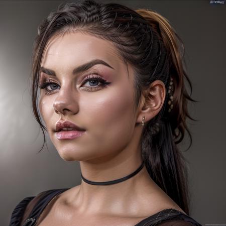 Portrait of a ((unbelievably stunning)) woman with black hair in a ponytail, epic (photo, studio lighting, hard light, sony a7, 50 mm, matte skin, colors, hyperdetailed, hyperrealistic), ethereal, perfect face,perfect nose, <lora:elcuthbert1-15:0.9>, wearing a black choker