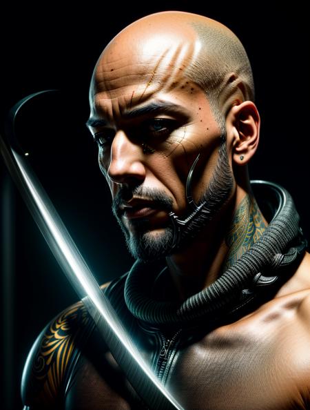 ultra detailed artistic photography, A man with bald and black eyes, blacksmith, forging a sword, tattoo, glimmer, shadows, oil on canvas, brush strokes, smooth, ultra high definition, 8k, unreal engine 5, ultra sharp focus, art by alberto seveso, artgerm, loish, sf, intricate artwork masterpiece, ominous, matte painting movie poster, golden ratio, trending on cgsociety, intricate, epic, trending on artstation, by artgerm, h. r. giger and beksinski, highly detailed, vibrant, production cinematic character render, ultra high quality model24mm, 4k textures, soft cinematic light, adobe lightroom, photolab, hdr, intricate, elegant, highly detailed, sharp focus, ((((cinematic look)))), soothing tones, insane details, intricate details, hyperdetailed, low contrast, soft cinematic light, exposure blend, hdr, faded, <lora:more_details:.9>, <lora:wowifierV3:.6>