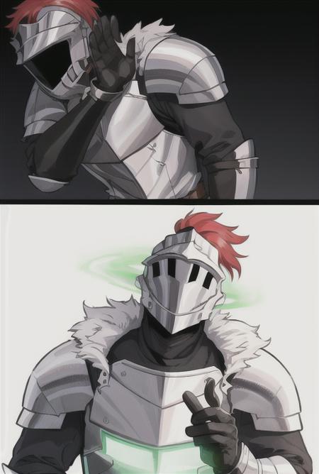 <lyco:drakeposting-08:0.7> drakeposting, simple background, gloves, 1boy, white background, comic, red hair, black gloves, armor, glowing, helmet, shield, silent comic, 2koma, glowing eye, knight, full armor, plume