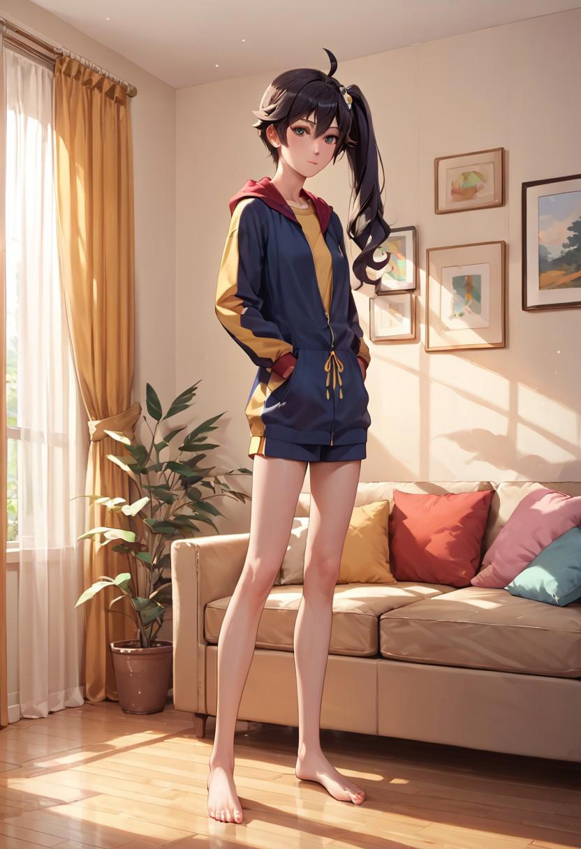 score_9, score_8_up, score_7_up, score_6_up, source_anim, highly detailed,  
1 girl, 23 years old,
AraragiKaren, track jacket, hooded track jacket,
In living room, windows, curtains, low desk, sofa, stand with legs spread,