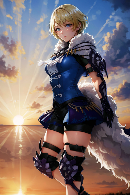 (highly detailed:1.3),
merrin fe, short hair, skirt, navel, shorts, fur trim, knee pads, sunset
Ultra-detail,(highres:1.1),best quality,(masterpiece:1.3),cinematic lighting,
(highly detailed face and eyes:1.3),