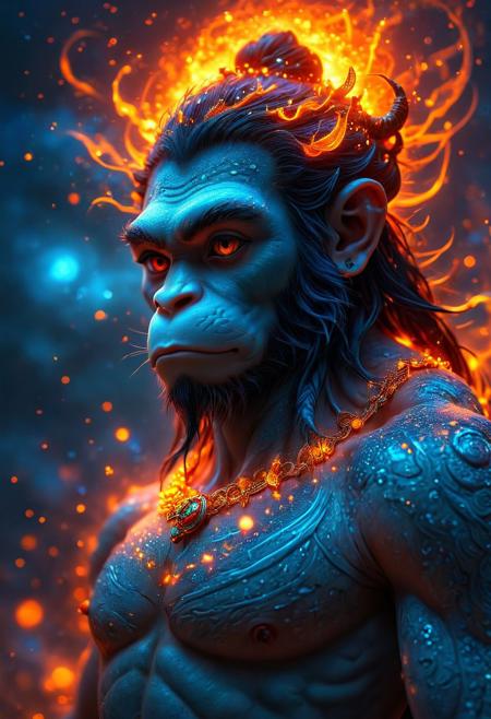 This captivating portrait presents a vibrant and fantastical depiction of Hanuman, adorned with a long monkey tail, fiery red and orange skin that seems to emit a radiant glow. His jewelry and body markings are delicately rendered, emitting a soft luminescence. Hanuman is depicted in a thoughtful pose, surrounded by starry, glittery glows and a mysterious cosmos illuminated by shimmering embers.
The background features a nebulous, starry night sky, with floating mystical embers creating a powerful aura against a dark, cosmic backdrop. The artwork is crafted in a high-quality, high-resolution 8K Ultra HD format, with a 3D effect, utilizing an Anime-style digital illustration that showcases soft tones and Kyoto animation elements. The piece also features Luminism, 3D render and Octane render techniques, creating an Isometric perspective.
The full-color illustration boasts stunning, vivid backgrounds, while incorporating the rule of thirds for a well-balanced composition. It showcases smooth textures, imaginative artwork, and a whispering silence that adds to the captivating atmosphere. The iridescent encounter between Hanuman and his surroundings is accentuated by the mysterious glow and silent luminescence, while a slight blush and a smile add warmth to the character's face.
Additional details include a holographic display, a setting sun in the background, a bright nebula, soft starlight, and a blur effect to create depth in the image.
