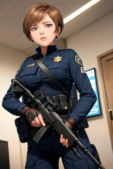 1girl, sxtopaz, short hair, brown hair, earrings, police uniform, rifle <lora:topaz-military-v1:0.6>