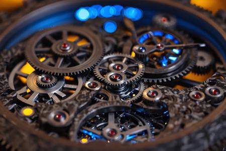 A close-up shot of a highly detailed mechanical made of forged carbon, watch mechanism, showcasing intricate gears and cogs. the image is taken from a close up perspective, focusing on the intricate details of the watch, with a shallow depth of field that highlights the mechanical movement. the focus is on the central part of the clock, which is made up of various mechanical components, including gears, cogs, and other mechanical parts, all intricately detailed and illuminated by a warm, blue light. the background is blurred, with bokeh lights that add depth and dimension to the image, creating a sense of depth and atmosphere. the overall effect is one of luxury and sophistication, with the focus being on the mechanical components and intricate details.